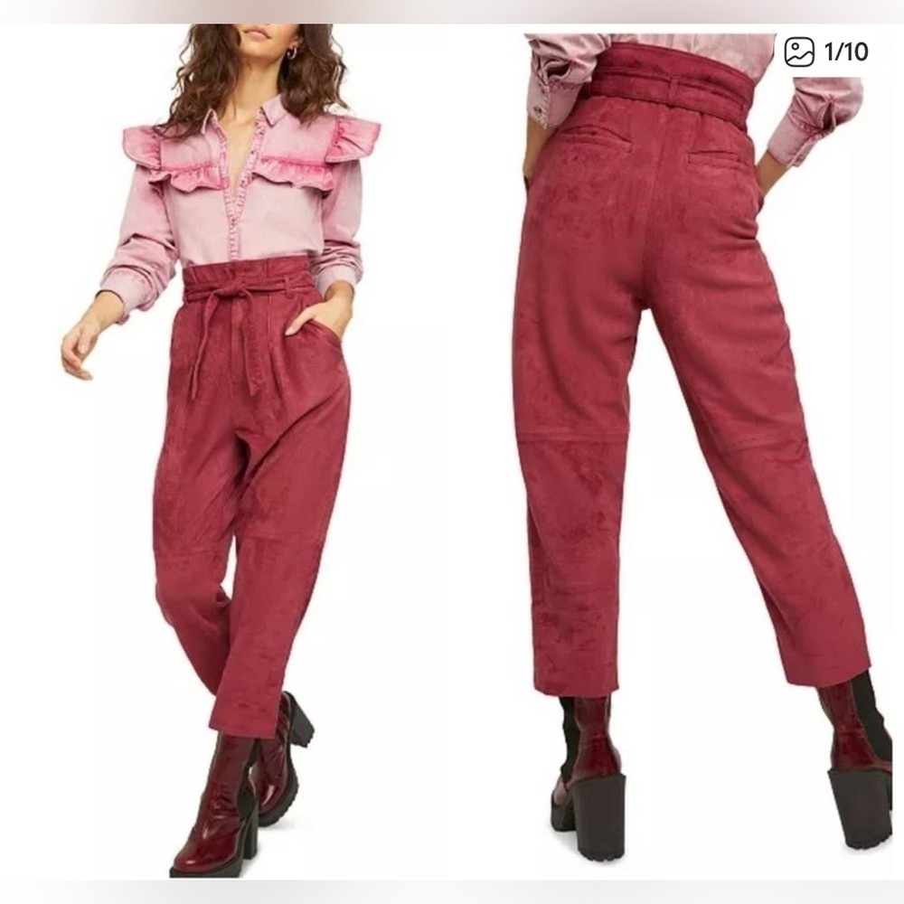 FREE PEOPLE 8 Nightfall Vegan Suede Pants Pomegranate High Waisted Paper Bag Vtg